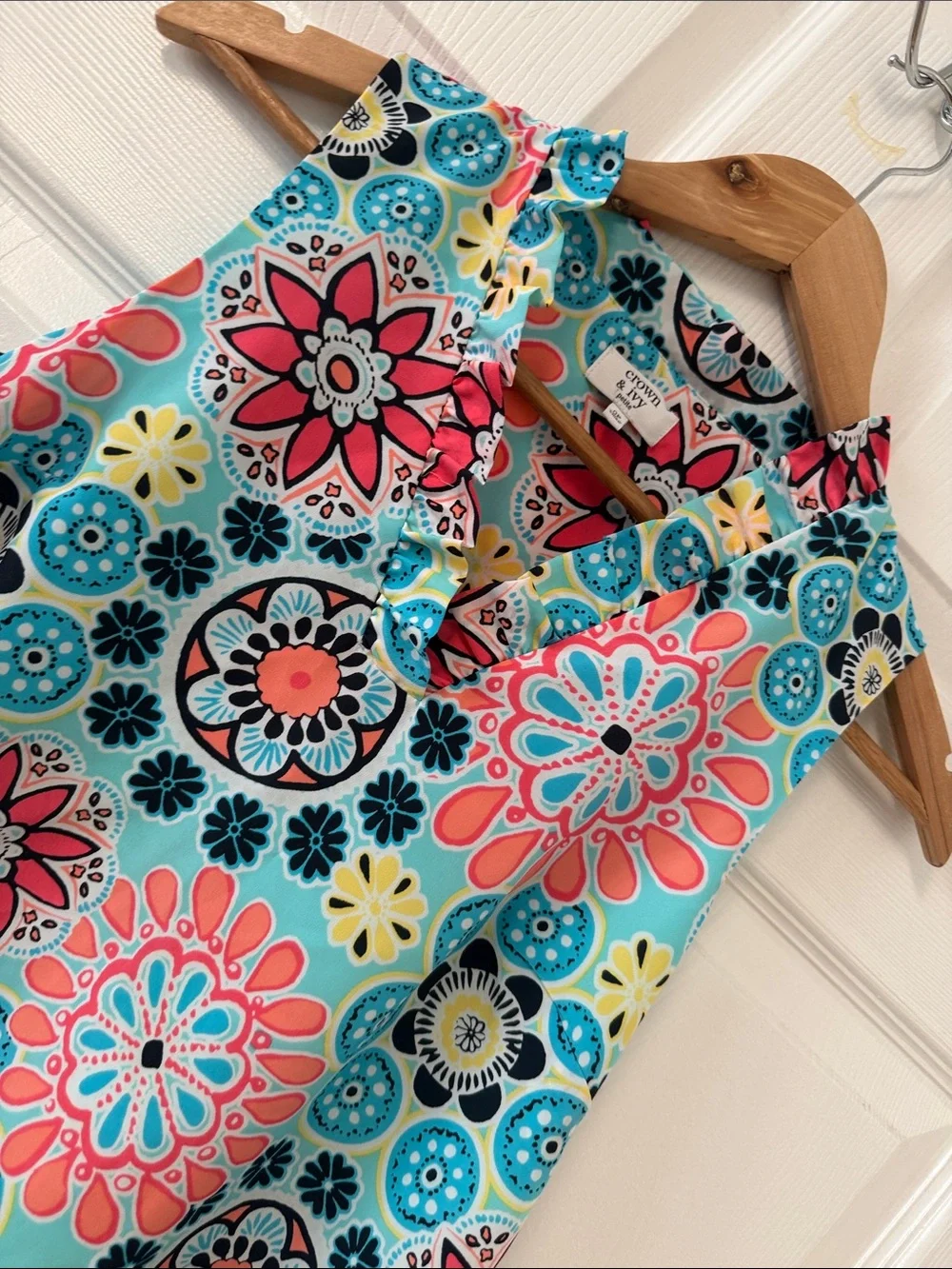 Carter's Aqua Floral Sleeveless Shift Dress with Coral and Navy Accents - Picture 3 of 17